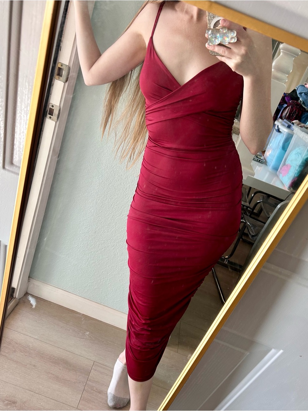 Red Ruched Slip Midi Dress - - Picture 2 of 2